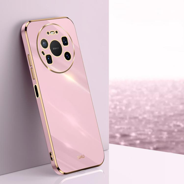 Rose pink TPU phone case with gold-tone electroplated edge and rear camera cutouts