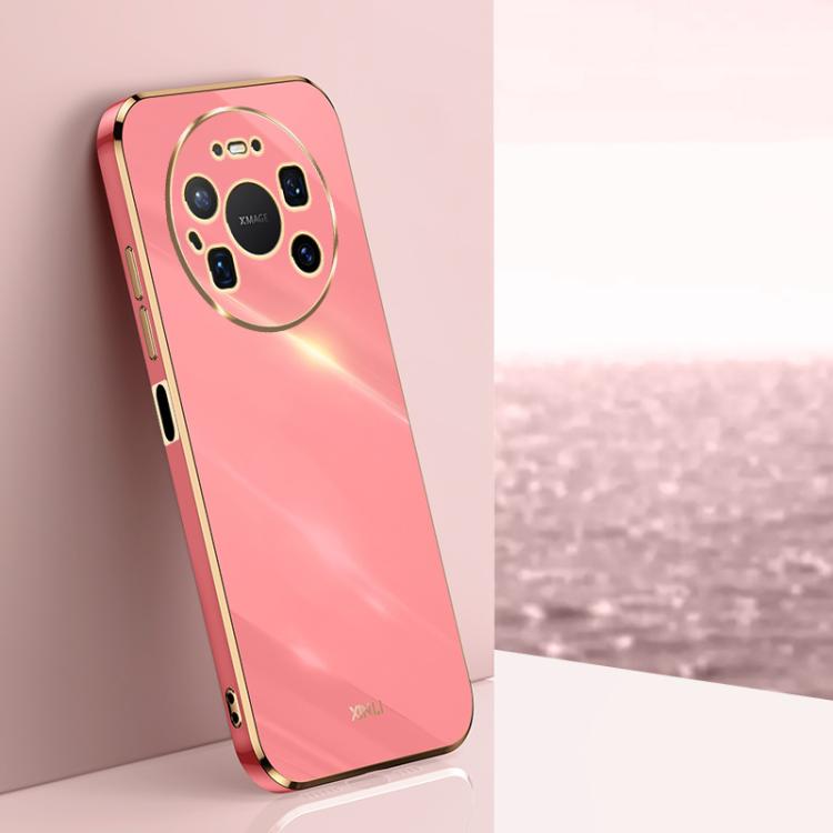 Coral pink TPU phone case with gold-tone electroplated edge and rear camera cutouts