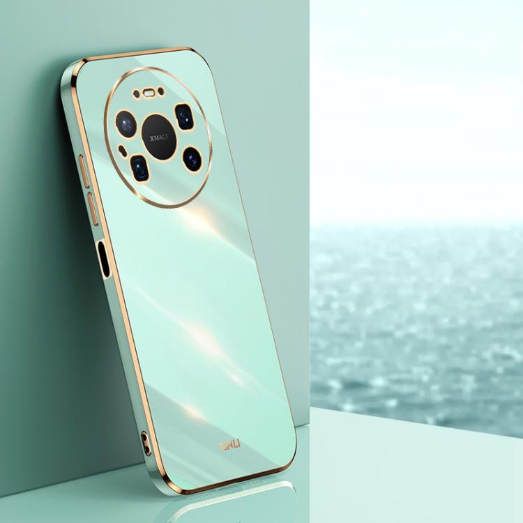 Mint green TPU phone case with gold electroplated straight edges and camera cutouts