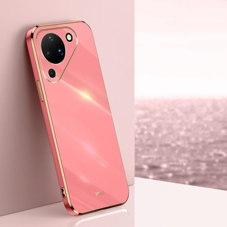 Pink TPU phone case with gold-tone electroplated edge and cutouts for rear cameras
