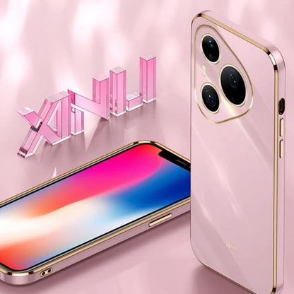 Pink TPU phone case with gold-tone straight-edge trim and triple camera cutouts