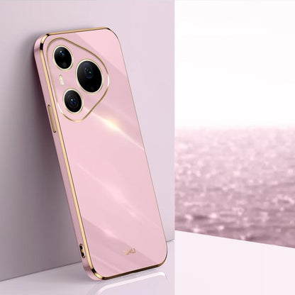 Cherry pink TPU phone case with gold-tone straight-edge trim and triple camera cutouts