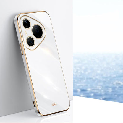 White TPU phone case with gold-tone straight-edge trim and triple camera cutouts
