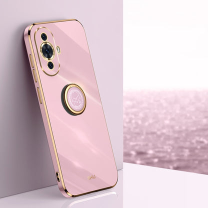 Pink TPU phone case with ring holder, electroplated straight-edge bumper