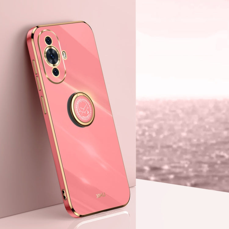 Rose pink TPU phone case with ring holder, electroplated straight-edge bumper
