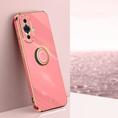 Rose pink TPU phone case with ring holder, electroplated straight-edge bumper
