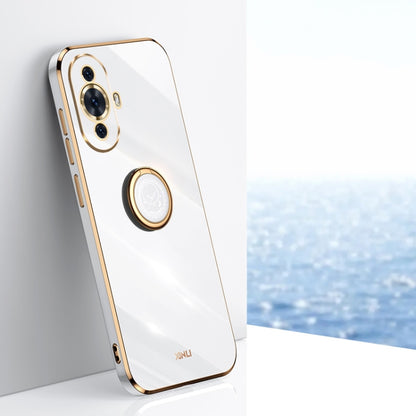 White TPU phone case with ring holder, electroplated straight-edge bumper