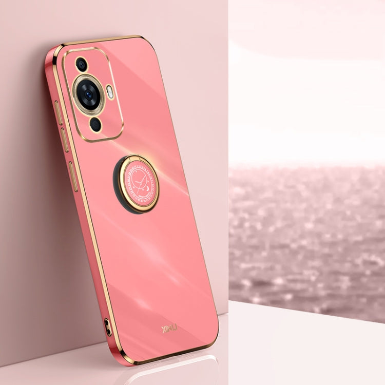 Rose pink TPU phone case with electroplate edge and circular ring holder