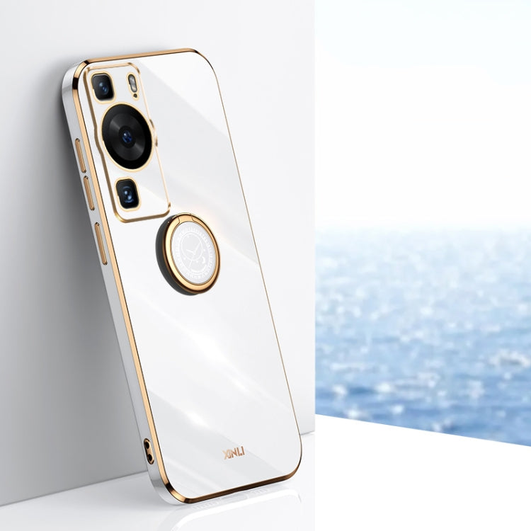 White slim phone case with gold ring holder and dual camera cutouts