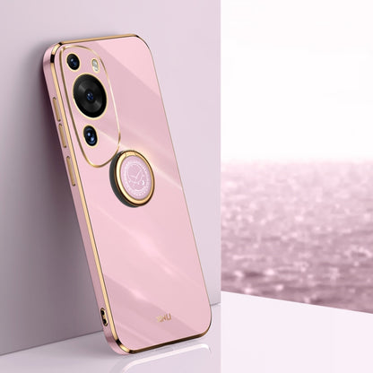 Pink TPU phone case with ring holder, electroplated straight-edge bumper