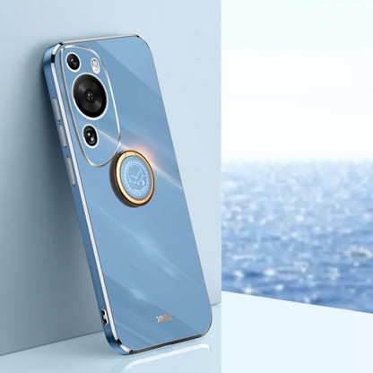 Blue TPU phone case with ring holder, electroplated straight-edge bumper