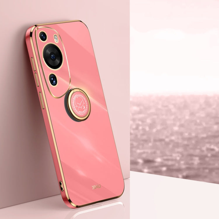 Pink TPU phone case with ring holder, electroplated straight-edge bumper