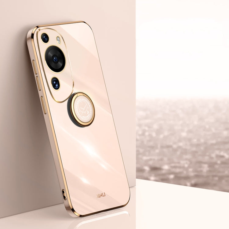 Light pink phone case with gold ring holder and camera cutouts