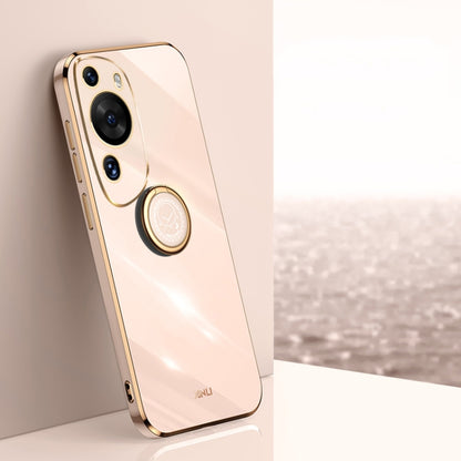 Light pink phone case with gold ring holder and camera cutouts