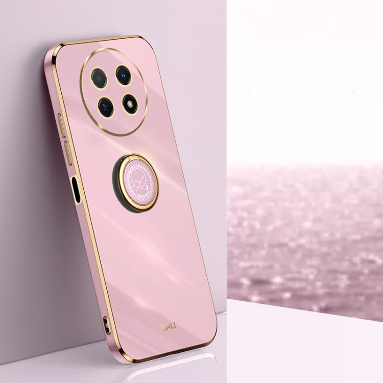 Rose pink TPU phone case with electroplate edge and ring holder near camera cutout