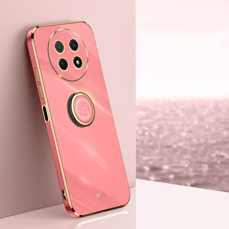 Coral pink TPU phone case with electroplate edge and ring holder near camera cutout
