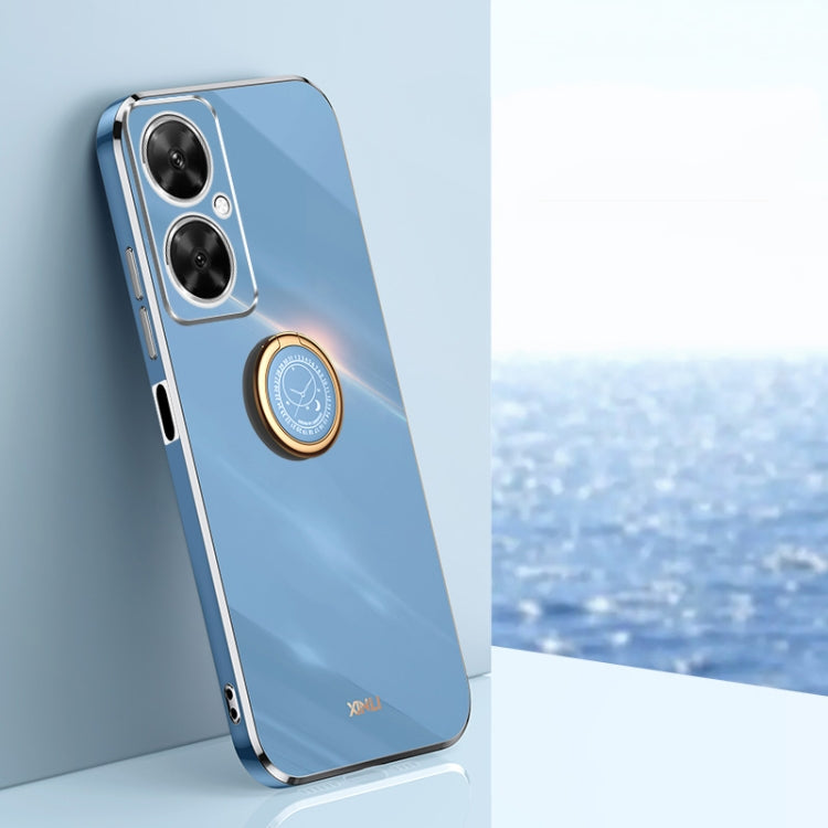 Blue TPU phone case with electroplate edge and ring holder near camera cutout