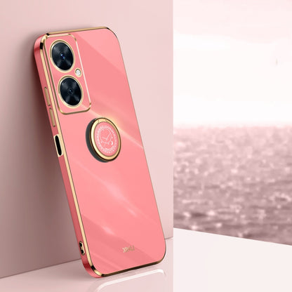 Pink TPU phone case with electroplate edge and ring holder near camera cutout