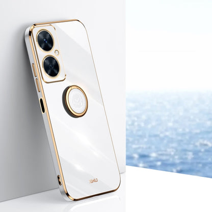 White TPU phone case with electroplate edge and ring holder near camera cutout