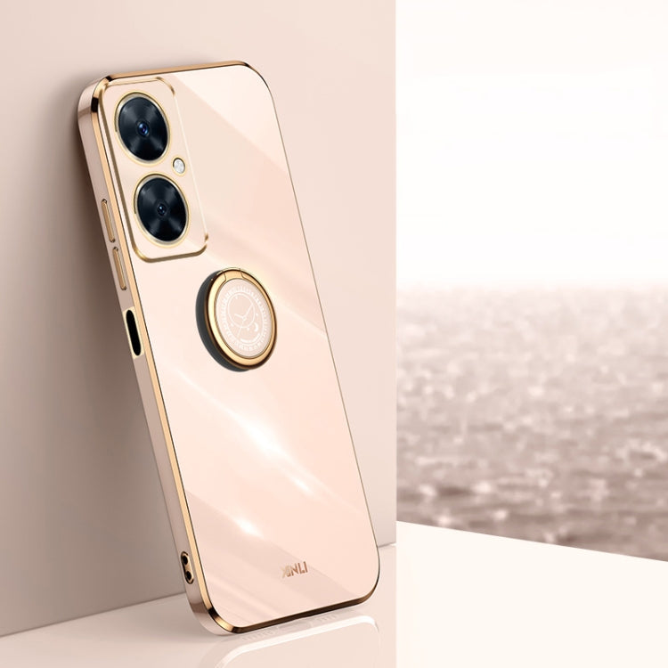 Light pink TPU phone case with electroplate edge and ring holder near camera cutout