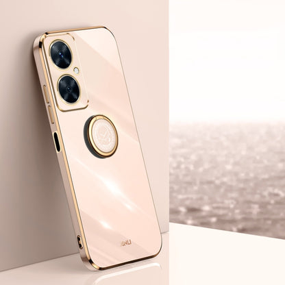 Light pink TPU phone case with electroplate edge and ring holder near camera cutout
