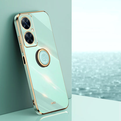 Mint green TPU phone case with electroplate edge and ring holder near camera cutout