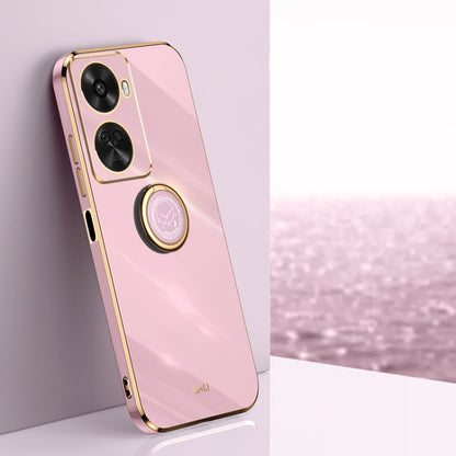 Pink electroplate TPU phone case with ring holder and dual camera cutouts