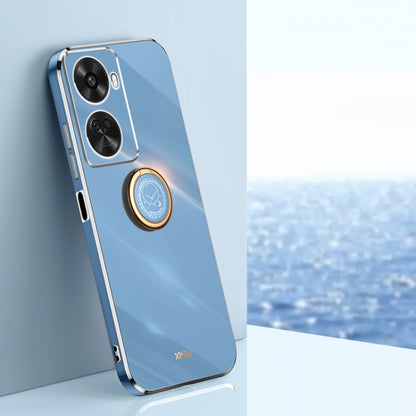 Blue electroplate TPU phone case with ring holder and dual camera cutouts