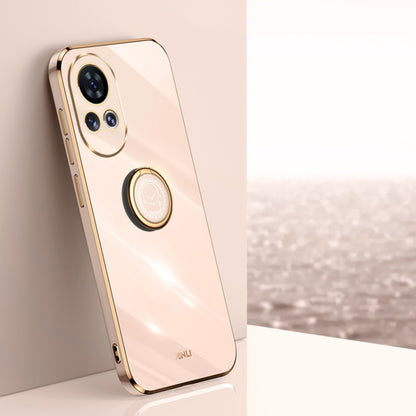 Light pink TPU phone case with electroplated edge and circular ring holder on back