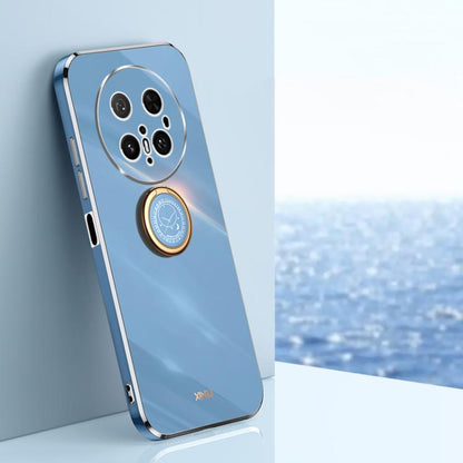Electroplate TPU phone case with ring holder, light blue with silver camera trim