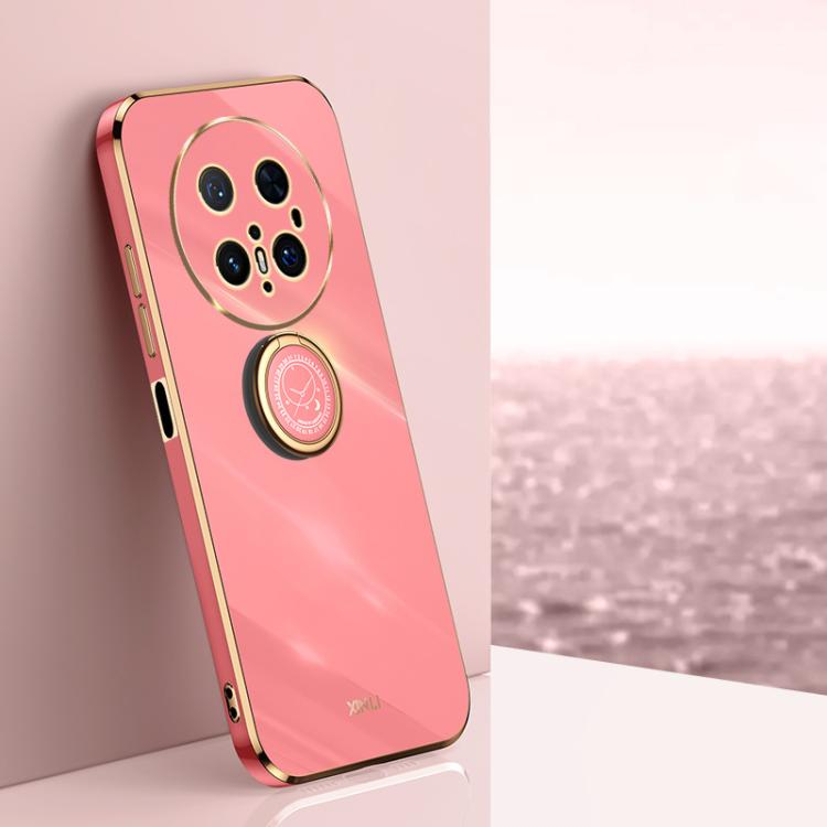 Electroplate TPU phone case with ring holder, coral pink with gold-edged camera trim