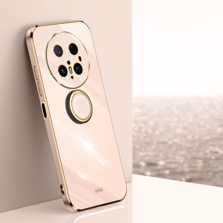 Light pink TPU phone case with gold-trim ring holder and camera cutouts.