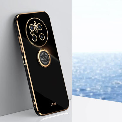 Black TPU phone case with gold-trim ring holder and camera cutouts.