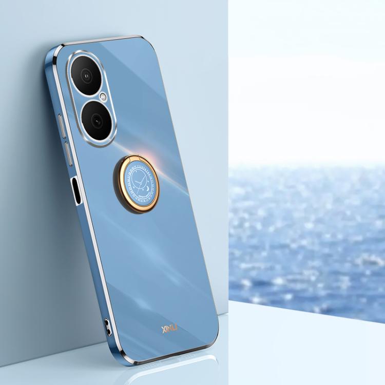 Electroplate TPU phone case with ring holder, blue with silver camera trim