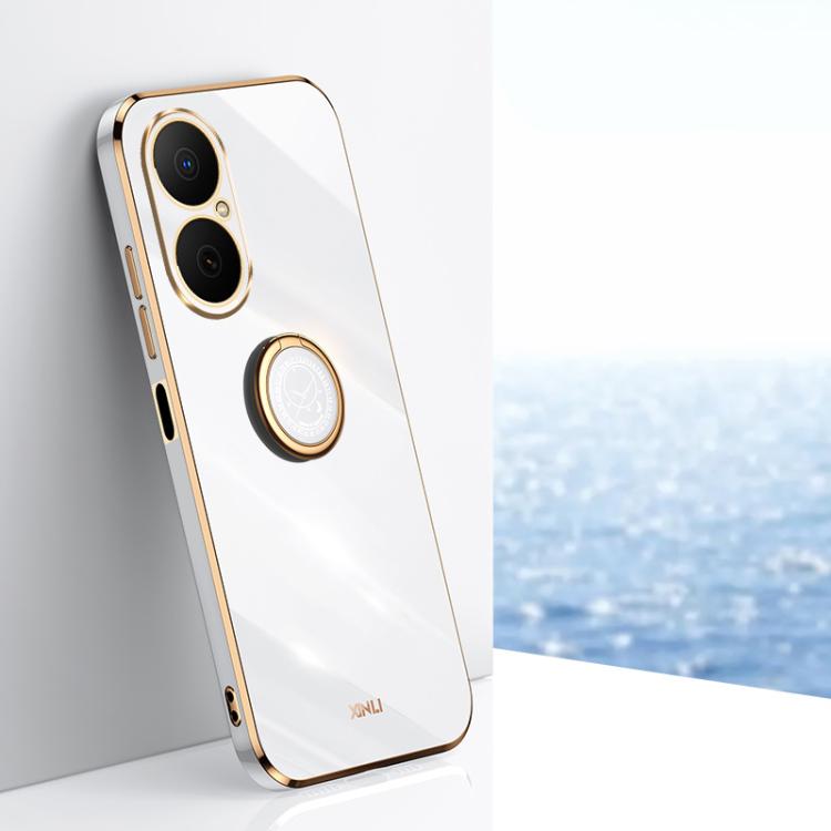 Electroplate TPU phone case with ring holder, white with gold-edged camera trim