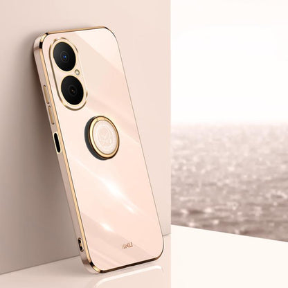 Electroplate TPU phone case with ring holder, cream with gold-edged camera trim
