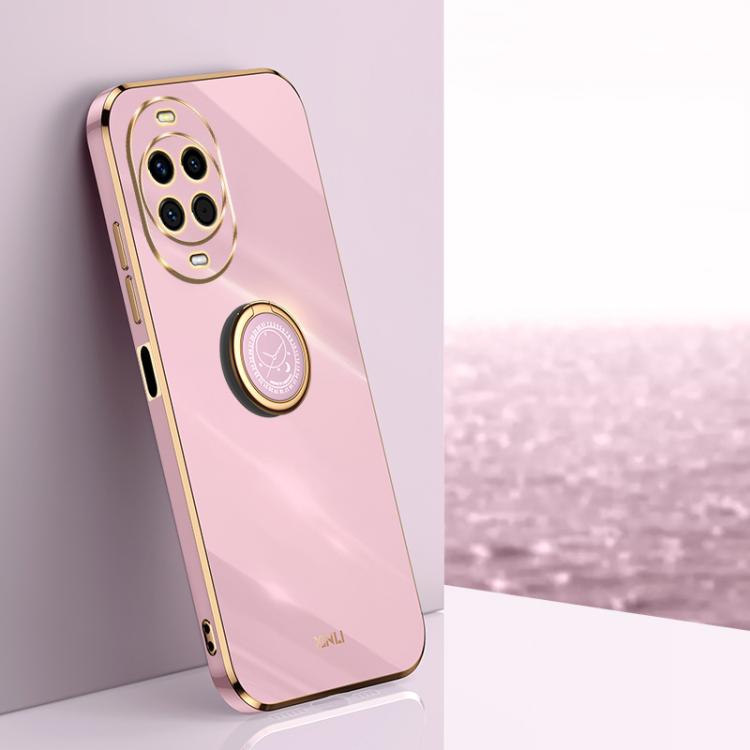 Electroplate TPU phone case with ring holder, pink with gold accents.