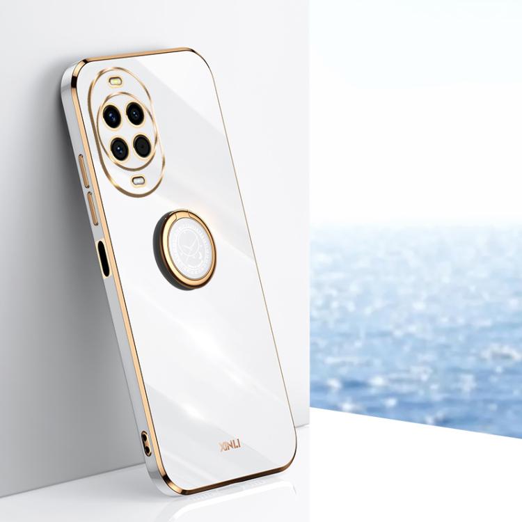 Electroplate TPU phone case with ring holder, white with gold accents.