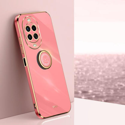 Electroplate TPU phone case with ring holder, pink with gold-tone edges