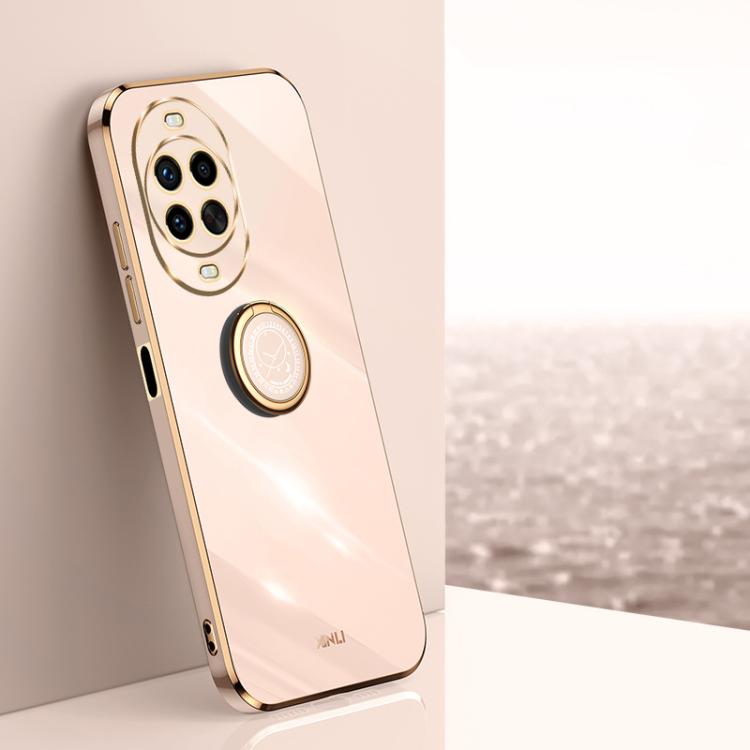 Electroplate TPU phone case with ring holder, pale pink with gold-tone edges