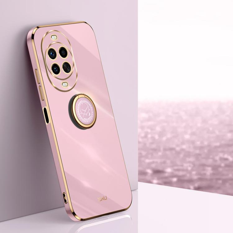 Rose pink TPU phone case with electroplate finish, gold ring holder and camera guard