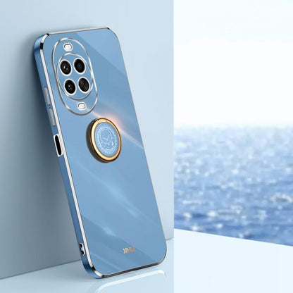 Sky blue TPU phone case with electroplate finish, gold ring holder and camera guard