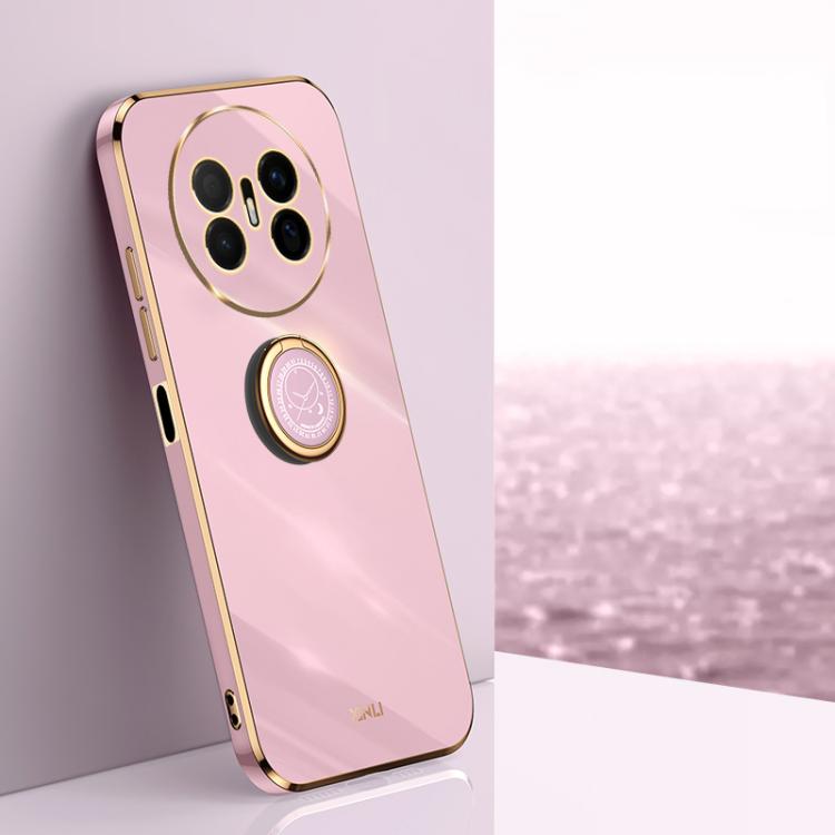 Pink TPU phone case with electroplate finish, gold ring holder and camera guard