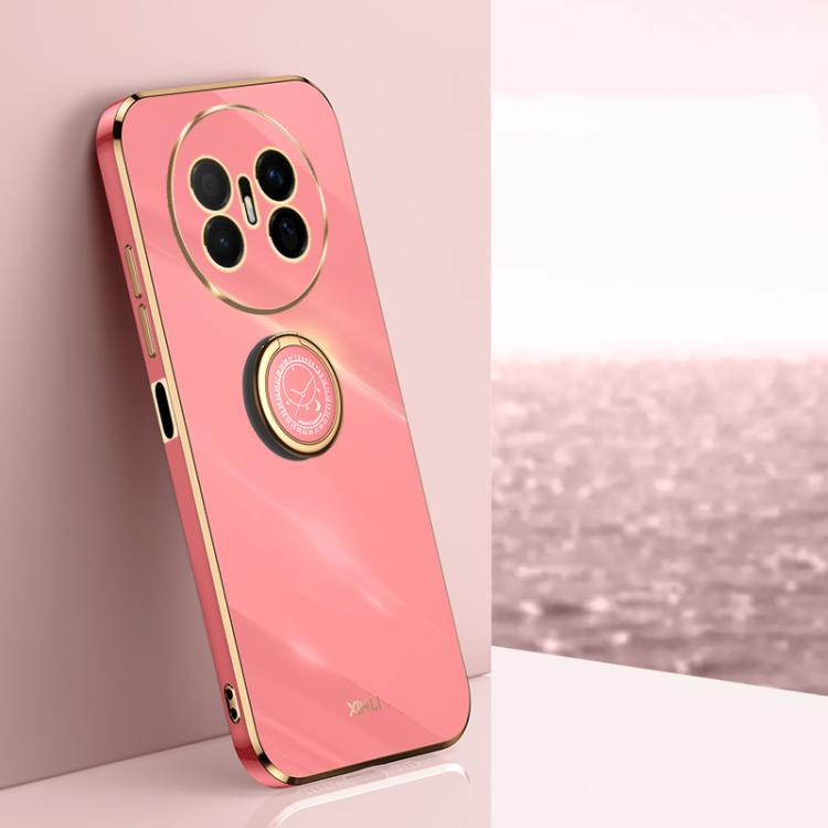 Coral pink TPU phone case with electroplate finish, gold ring holder and camera guard