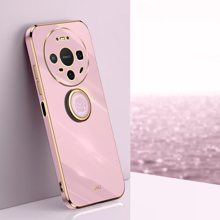 Pink TPU phone case with electroplated ring holder and rear camera cutouts