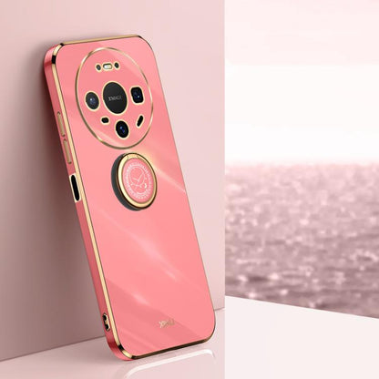 Coral pink TPU phone case with electroplated ring holder and rear camera cutouts