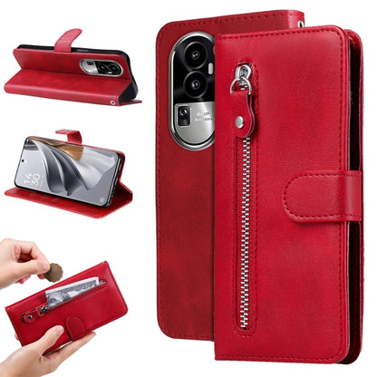 Red leather phone case with flip cover, zipper pocket, and ring pull key loop