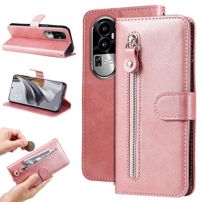 Light pink leather phone case with flip cover, side zipper pocket, and snap strap