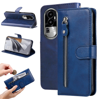 Blue leather phone case with flip cover, side zipper pocket, and snap strap closure