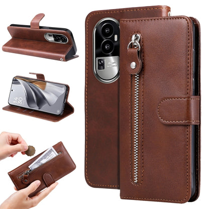 Brown leather phone case with zipper and folio stand, card slot and strap holder.
